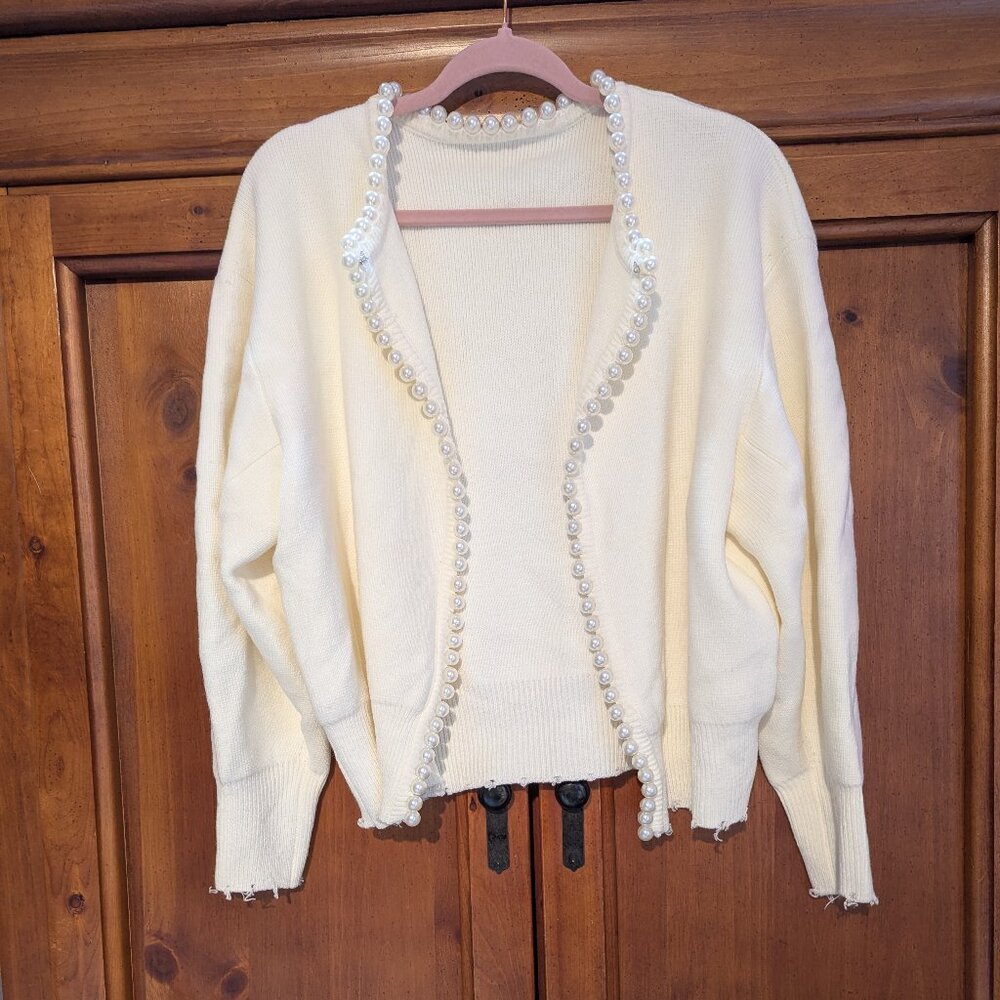 EUC Commense Distressed Hem Pearl Cardigan, Size Large